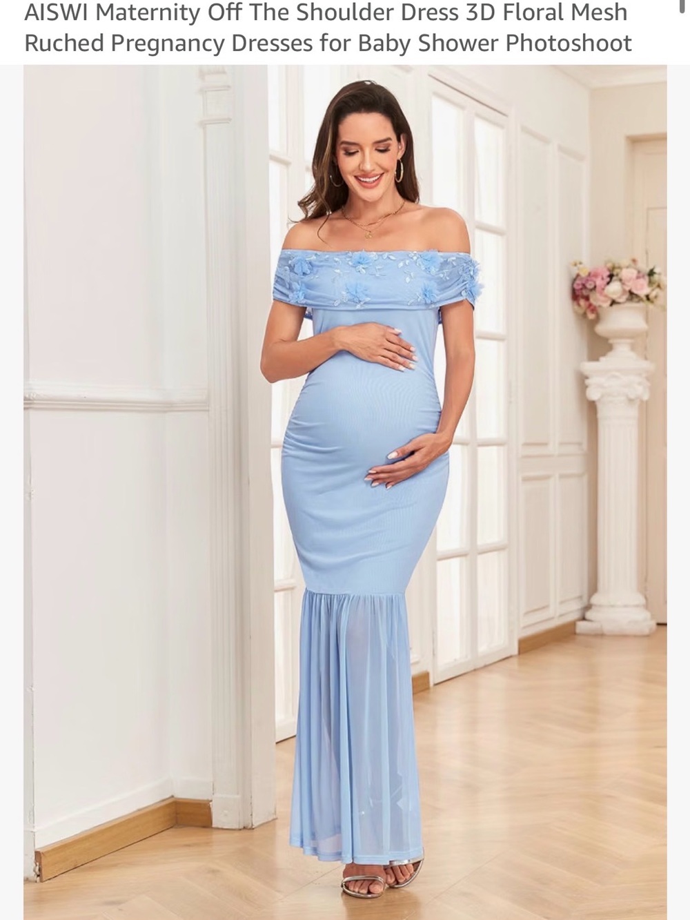 Amazon Light Blue Off-Shoulder Maternity Maxi Dress with 3D Floral Detail